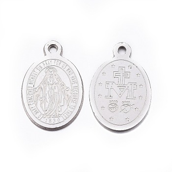 DanLingJewelry 304 Stainless Steel Charms, Oval with Virgin Mary, Miraculous Medal, Stainless Steel Color, 14x9x0.8mm, Hole: 1mm