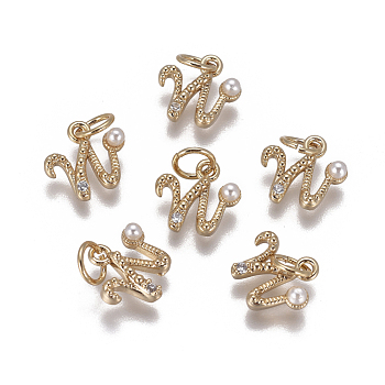 Brass Charms, with Cubic Zirconia and Shell Pearl Bead, Letter, Golden, Clear, Letter.W, 9.5~11x3.5~10.8x3~3.5mm, Hole: 3.5mm