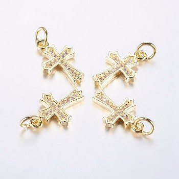 Long-Lasting Plated Brass Micro Pave Cubic Zirconia Pendants, Cross, Real 18K Gold Plated, 15.5x10x2mm, Hole: 3mm