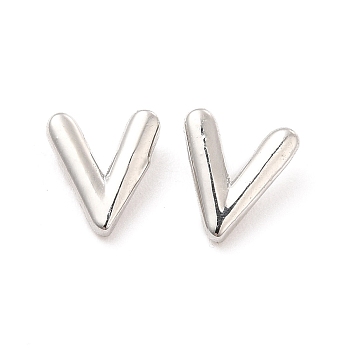 Brass Hollow Out Initial Letter Stud Earrings for Women, Platinum, Lead Free & Cadmium Free, Letter.V, 7x6x1.5mm, Pin: 0.8mm
