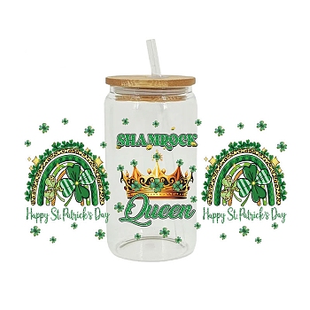 Saint Patrick's Day Theme PET Clear Film Green Shamrock Rub on Transfer Stickers for Glass Cups, Waterproof Cup Wrap Transfer Decals for Cup Crafts, Rainbow, 110x230mm