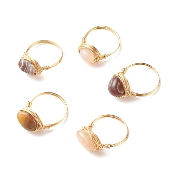 Natural Botswana Agate Oval Finger Rings, Copper Wire Wrapped Jewelry for Women, Golden, US Size 8 1/4(18.3mm)~US Size 8 3/4(18.7mm)