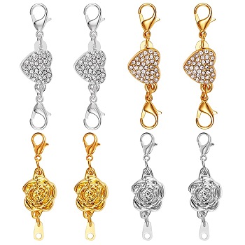 8 Sets 4 Style Zinc Alloy Magnetic Clasps, with Lobster Clasps, Extender for Jewelry Making, Rose & Heart, Platinum & Golden, 2 set/style