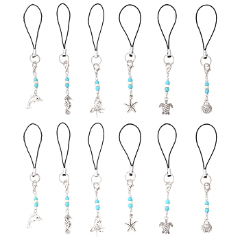 5 Bags Marine Theme Alloy Mobile Straps, with Nylon Cord and Synthetic Turquoise Beads, Antique Silver & Platinum, 105~114.5mm, 6pcs/bag