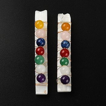 Chakra Jewelry, Natural Selenite Home Decorations, with Brass Wire Wrapped and Natural Gemstone Round Beads, Rectangle, 80~110x10~15x5~8mm, Round: 9.5~11mm