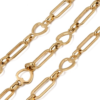 304 Stainless Steel Heart with Oval Link Chains, Ion Plating(IP), Unwelded, with Spool, Real 18K Gold Plated, 16.5x7x1mm