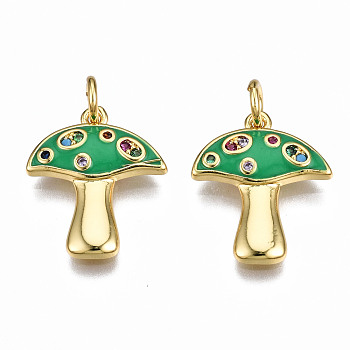 Autumn Theme Brass Micro Pave Cubic Zirconia Enamel Pendants, with Jump Rings, Nickel Free, Mushroom,Real 16K Gold Plated, Green, 16.5x14x2mm, Jump Ring: 5x0.8mm, 3mm inner diameter