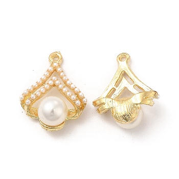 ABS Plastic Imitation Pearl Pendants, with Alloy Findings, Fan Charm, Golden, 23x18x9.5mm, Hole: 1mm