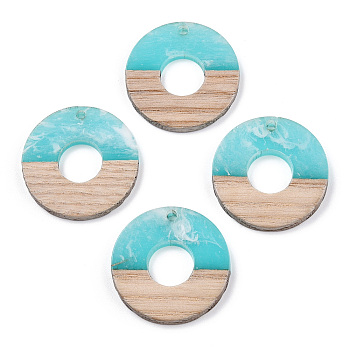 Transparent Resin & White Wood Pendants, Two Tone, Donut/Pi Disc Charms, Cyan, Donut Width: 13.3mm, 28x4mm, Hole: 1.5mm