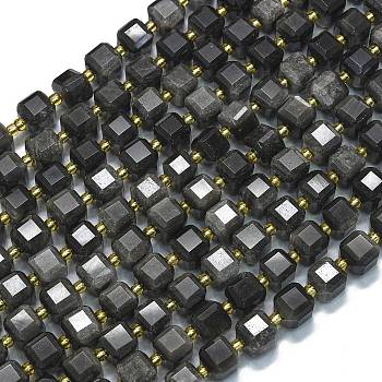 Natural Silver Obsidian Beads Strands, with Seed Beads, Faceted Table Cut Cube, 8x8x8mm, Hole: 0.6mm, about 38pcs/strand, 15.35''(39cm)