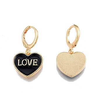 Heart with Word Love Enamel Dangle Leverback Earrings, Real 18K Gold Plated Brass Jewelry for Women, Cadmium Free & Nickel Free & Lead Free, Black, 28mm, Pin: 1mm