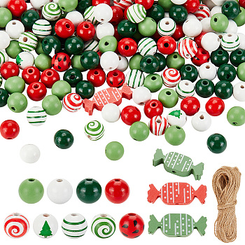 DIY Christmas Pendant Decoration Making Kit, Including Jute Cords, Natural Wood Stripe & Tree Pattern Round & Candy Beads, Mixed Color, 214Pcs/set