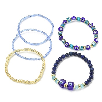 5Pcs 5 Style Natural Lapis Lazuli & Lampwork Evil Eye & Seed Beaded Stretch Bracelets Set, Stackable Bracelets, Inner Diameter: 2~2-3/8 inch(5.5~6cm), 1Pc/style
