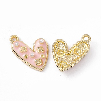 Alloy Enamel Pendants, with ABS Imitation Pearl Beads, Light Glod, Heart with Flower Charm, Pink, 21x14.5x4mm, Hole: 1.6mm