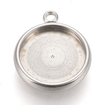304 Stainless Steel Pendant Cabochon Settings, Lace Edge Bezel Cups, Flat Round, Stainless Steel Color, Tray: 12mm, 17x14.5x3mm, Hole: 1.8mm