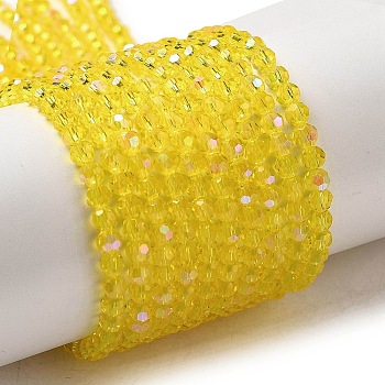 Electroplate Transparent Glass Beads Strands, Faceted, Round, Rainbow Plated, Yellow, 3mm, Hole: 0.8mm, about 164~166pcs/strand, 19.69~19.88 inch(50~50.5cm)