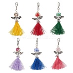 6Pcs 6 Colors Angel Handmade Flower Printed Porcelain & Polycotton Tassel Pendant Decorations, with Zinc Alloy Lobster Claw Clasps, Mixed Color, 64mm, 1pc/color(HJEW-JM03299-S)