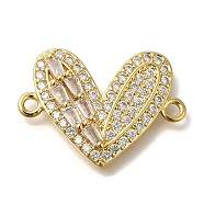 Rack Plating Brass Micro Pave Clear Cubic Zirconia Heart Links Connector Charm, Long-Lasting Plated, Cadmium Free & Lead Free, Real 18K Gold Plated, 17.5x24x3.5mm, Hole: 1.6mm(KK-P287-52G-02)