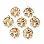 Brass Micro Pave Cubic Zirconia Charms, Nickel Free, Ring with Tree, Real 18K Gold Plated, 15x12x2mm, Hole: 1.2mm(KK-Q277-075-NF)