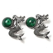 Dual-use Items Alloy Mermaid Brooch, with Synthetic Malachite, Antique Silver, 42x37x12mm, Hole: 8x3mm(JEWB-C026-02E-AS)