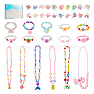 Flower & Shell & Watermelon & Rabbit Plastic Cuff & Adjustable Ring & Pendant Necklace & Stretch Bracelets, Fruit & Animal & Ocean Theme Jewelry Set for Kids, Mixed Color, US Size 3~5 1/4(14~15.9mm), 20Pcs; Bracelet: Inner Diameter: 3.9~4.5cm, 10Pcs; Necklace: 14.96~17-3/4 inch(38~45cm), 6Pcs(SJEW-TA0001-02)