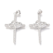 Brass Micro Pave Clear Cubic Zirconia Pendants, Cross with Heart, Real Platinum Plated, 37x22x3mm, Hole: 3mm(ZIRC-O038-10P)