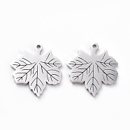 304 Stainless Steel Charms, Manual Polishing, Leaf with Branch, Stainless Steel Color, 15x14x1mm, Hole: 0.8mm(STAS-G215-01-P02)