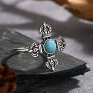 925 Sterling Silver with Natural Larimar Finger Rings, Antique Silver, Cross, Inner Diameter: 20mm(WGB2E64-29)