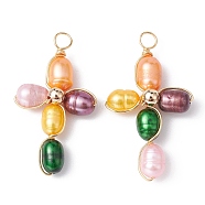 Dyed Natural Cultured Freshwater Pearl Pendants, Eco-Friendly Copper Wire Wrapped Cross Charms, Colorful, Light Gold, 32~33x18~19x7mm, Hole: 3.2mm(PALLOY-JF02230-01)