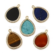 Natural Mixed Gemstone Pendants, Teardrop Charms with Rack Plating Gloden Tone Brass Micro Pave Clear Cubic Zirconia Findings, Mixed Dyed and Undyed, 20.5x15x2mm, Hole: 1mm(G-E609-03G)
