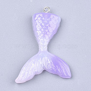 Resin Pendants, with Glitter Powder and Iron Findings, Mermaid Tail Shape, Platinum, Lilac, 46x30x6mm, Hole: 2mm(X-CRES-T010-68A)