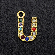 Alloy Rhinestone Charms, Golden, Colorful, Letter, Letter.U, 12.5x8x2mm, Hole: 1.5mm(PALLOY-S098-DA019-U)