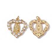 Brass Micro Pave Clear Cubic Zirconia Pendants, with Jump Ring, Cadmium Free & Nickel Free & Lead Free, Rack Plating, Heart with Virgin Pattern, Real 18K Gold Plated, 22.5x21x2.5mm, Hole: 3mm(KK-G439-31G)