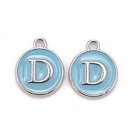 Platinum Plated Alloy Enamel Charms, Cadmium Free & Lead Free, Enamelled Sequins, Flat Round with Letter, Sky Blue, Letter.D, 14x12x2mm, Hole: 1.5mm(ENAM-S118-04D-P)