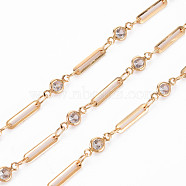 Handmade Brass Elongated Cable Chains, with Cubic Zirconia, Soldered, Spool, Flat Round, Real 18K Gold Plated, 10x2.3x0.5mm and 3.7x2.5x0.3mm, about 16.4 Feet(5m)/roll(CHC-S012-059)