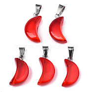 Transparent Spray Painted Glass Pendants, with Platinum Plated Brass Bails, Moon, Red, 21.5x10.5x6mm, Hole: 4mm(GLAA-N035-021-F04)