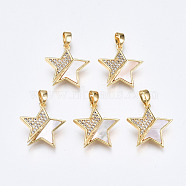 Brass Micro Pave Clear Cubic Zirconia Pendants, with White Sea Shell, Nickel Free, Star, Real 18K Gold Plated, 18x16.5x2mm, Hole: 2x4.5mm(KK-Q277-009-NF)