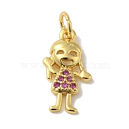 Rack Plating Brass Micro Pave Cubic Zirconia Pendants, Cadmium Free & Lead Free, Long-Lasting Plated, Real 18K Gold Plated, Human, with Jump Ring, Pale Violet Red, 16.5x8.5x2mm, Hole: 3mm(KK-P272-17A-G)