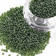 12/0 Grade A Round Glass Seed Beads, Transparent Colours Lustered, Green, 12/0, 2x1.5mm, Hole: 0.3mm(SEED-Q011-F525)