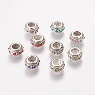 Vintage Alloy Rhinestone European Beads, Large Hole Rondelle Beads, Antique Silver, Mixed Color, 12x7mm, Hole: 6mm(RB-M012-M)