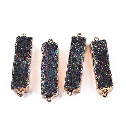 Natural Druzy Agate Links Connectors, with Light Gold Brass Findings, AB Color Plated, Dyed, Cuboid, Colorful, 43~46x10~12x9~12mm, Hole: 1.8mm(G-T131-89C)