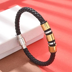 Braided Microfiber Leather Cord Bracelets, 304 Stainless Steel Bracelets for Women Men, Oval, Black, 8-1/2 inch(21.5cm)(BJEW-Q010-02A)