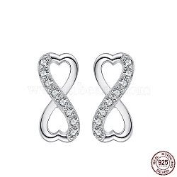 Heart Infinite Rhodium Plated 925 Sterling Silver Cubic Zirconia Stud Earrings for Women, Real Platinum Plated, 11mm(EJEW-P231-39P)