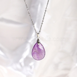 Natural Amethyst Teardrop Pendant Necklaces, Titanium Steel Cable Chain Necklace for Women, 17.72 inch(45cm)(PW-WG17918-01)