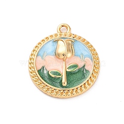 Brass Enamel Pendants, Flat Round with Flower Charm, Real 18K Gold Plated, 19x16.5x4mm, Hole: 1.5mm(KK-S502-07G)