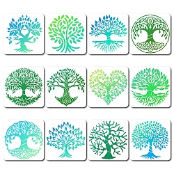 12Pcs 12 Styles PET Plastic Hollow Out Drawing Painting Stencils Templates, Square, Tree of Life Pattern, 18x18cm, 1pc/style(DIY-WH0286-029)