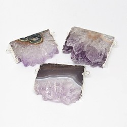 Natural Druzy Amethyst Links connectors, Rectangle, with Brass Finding, Silver, 23~30x40~50x8mm, Hole: 2mm(G-G895-13S)