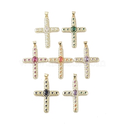 Real 18K Gold Plated Brass Micro Pave Cubic Zirconia Pendants, with Glass, Cross, Mixed Color, 41x28x5mm, Hole: 3.3x3.8mm(KK-A209-26G)