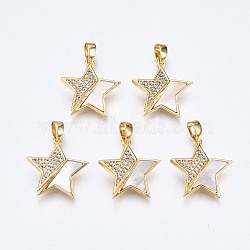 Brass Micro Pave Clear Cubic Zirconia Pendants, with White Sea Shell, Nickel Free, Star, Real 18K Gold Plated, 18x16.5x2mm, Hole: 2x4.5mm(KK-Q277-009-NF)