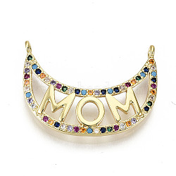 Brass Micro Pave Colorful Cubic Zirconia Pendant Link, for Mother's Day, Cadmium Free & Nickel Free & Lead Free, Moon with Word Mom, Real 16K Gold Plated, 18.5x25x2mm, Hole: 1mm(KK-S061-83G-NR)